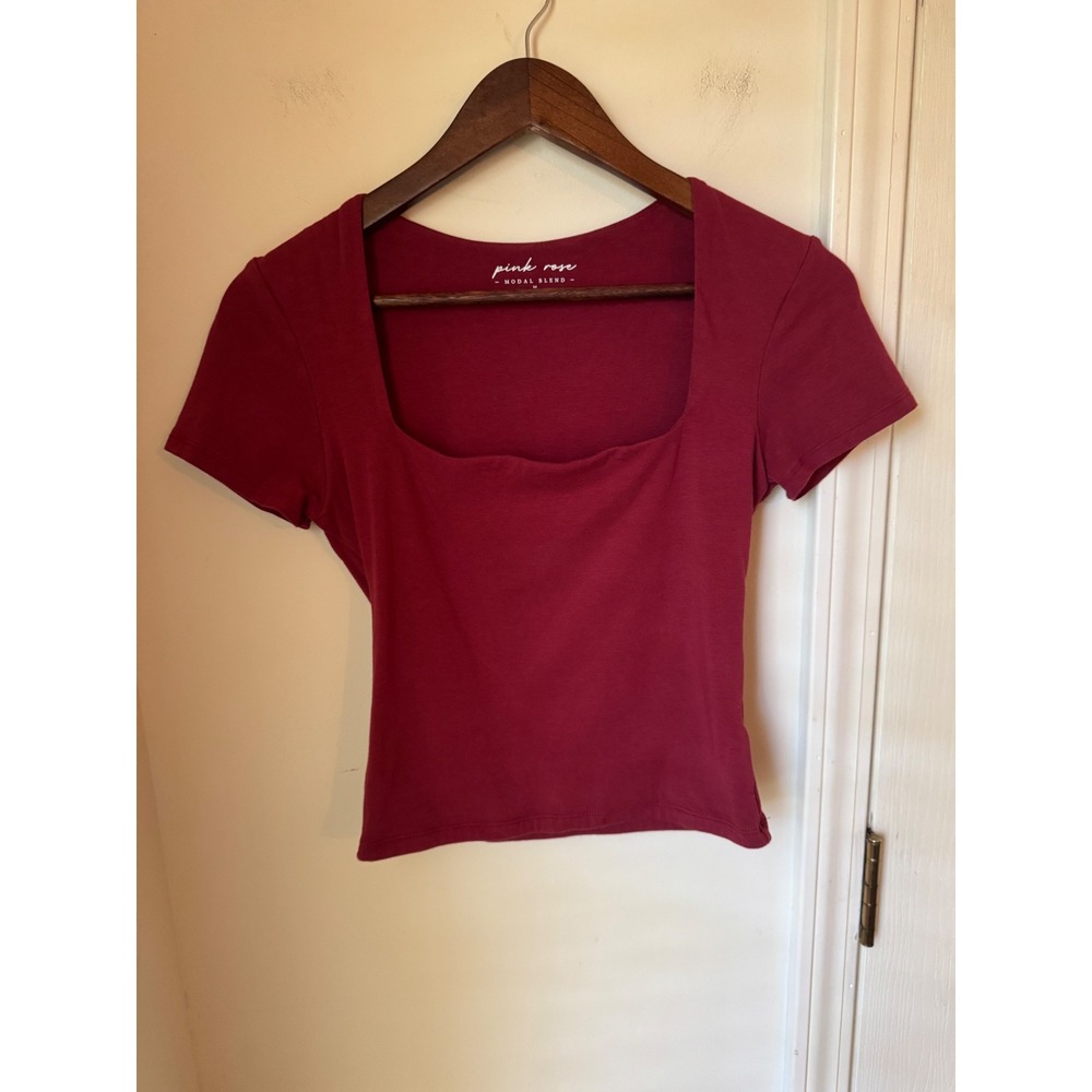 Pink Rose Burgundy Square Neck Short Sleeve Modal Blend Top 5T02345 Size M